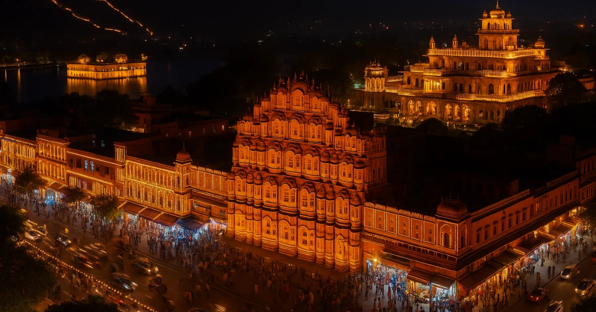 Jaipur city during Diwali 2025 glowing with golden lights — view of Hawa Mahal, Amer Fort, and Jal Mahal beautifully illuminated, showcasing the best places to visit in Jaipur on Diwali. The streets of Johari Bazaar are crowded with people shopping, celebrating, and enjoying the festive atmosphere in the Pink City of India. Best Places to Visit in Jaipur on Diwali 2025