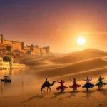 A beautiful landscape of Rajasthan showing Amber Fort, desert camels, and traditional Rajasthani dancers under a golden sunset sky.