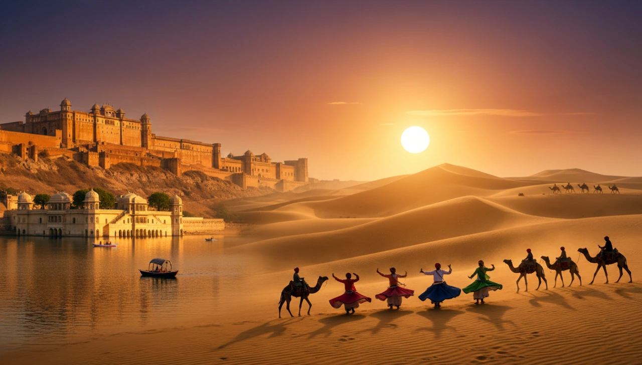A beautiful landscape of Rajasthan showing Amber Fort, desert camels, and traditional Rajasthani dancers under a golden sunset sky.