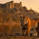 Photorealistic Bengal tiger standing beside a calm lake at golden hour with an ancient stone fort and dry forest in the background.