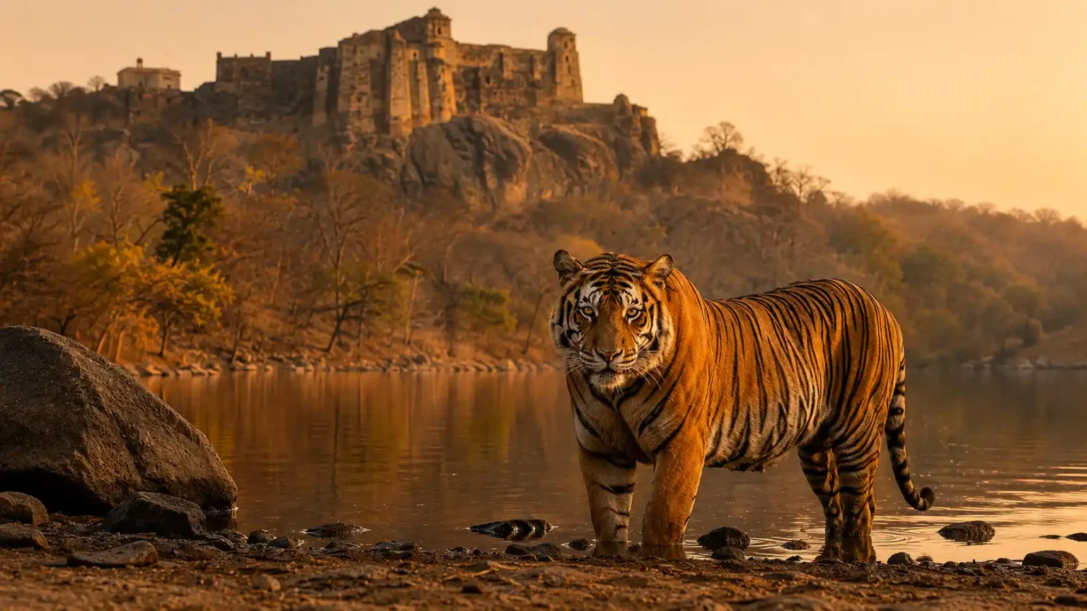 Photorealistic Bengal tiger standing beside a calm lake at golden hour with an ancient stone fort and dry forest in the background.