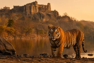 Photorealistic Bengal tiger standing beside a calm lake at golden hour with an ancient stone fort and dry forest in the background.