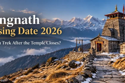 Tungnath Temple with Himalayan mountains during early winter in Uttarakhand