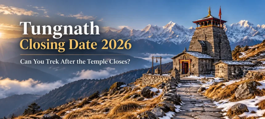 Tungnath Temple with Himalayan mountains during early winter in Uttarakhand
