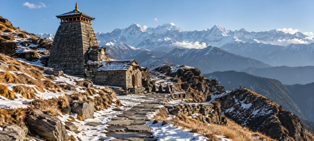 Tungnath Temple and trekking path with light snow in Uttarakhand Himalayas